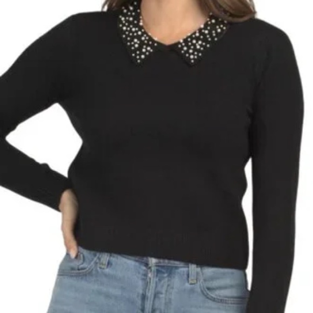 Tahari black cashmere sweater with pearl collar